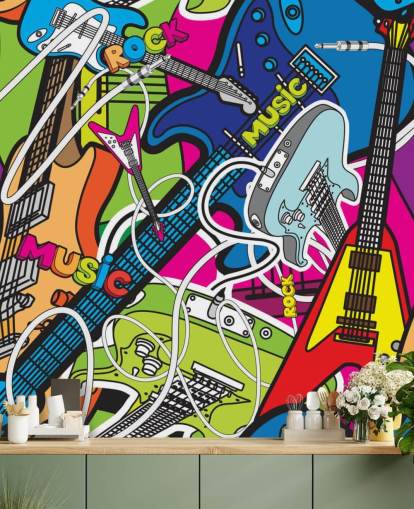 colourful graffiti wallpaper mural called Colourful Music for schools and children's bedrooms