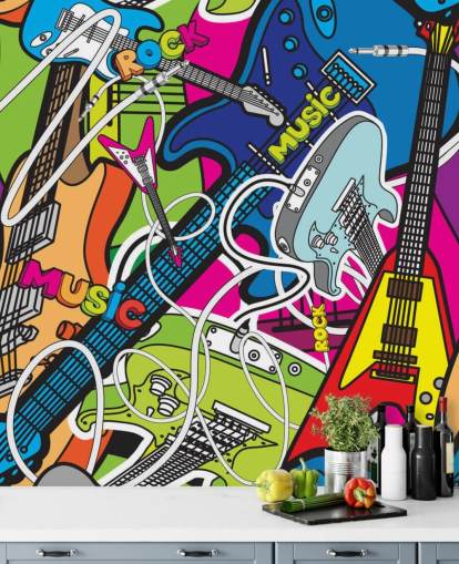 värikäs graffiti-taustakuvamaalaus nimeltä Värikäs musiikki kouluihin ja lasten makuuhuoneisiin