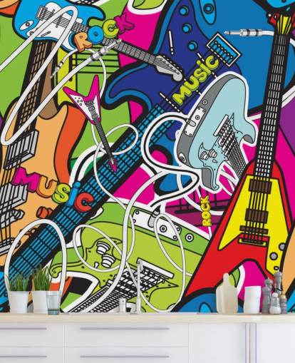 papier peint graffiti coloré appelé Colourful Music pour les écoles et les chambres d'enfants