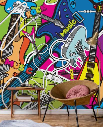 mural de papel pintado de graffiti colorido llamado Colourful Music para escuelas y dormitorios de niños