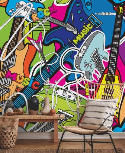 papier peint graffiti coloré appelé Colourful Music pour les écoles et les chambres d'enfants