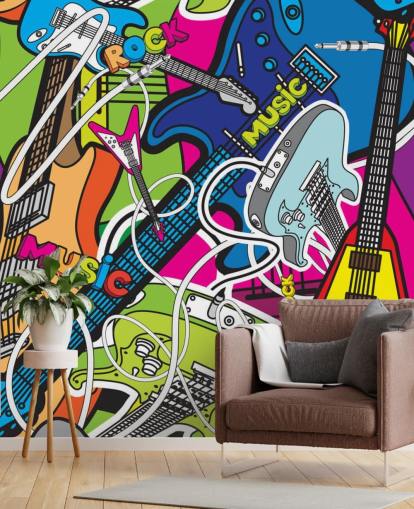 mural de papel de parede de grafite colorido chamado Colorful Music para escolas e quartos infantis