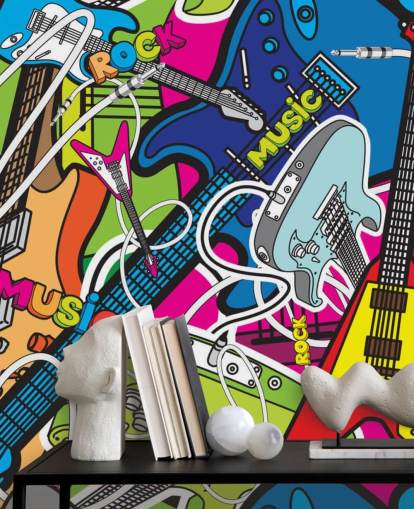 mural de papel de parede de grafite colorido chamado Colorful Music para escolas e quartos infantis