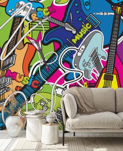 carta da parati murale con graffiti colorati chiamata Colourful Music per scuole e camerette per bambini
