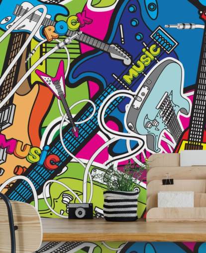 farverigt graffiti tapet vægmaleri kaldet Colourful Music til skoler og børns soveværelser