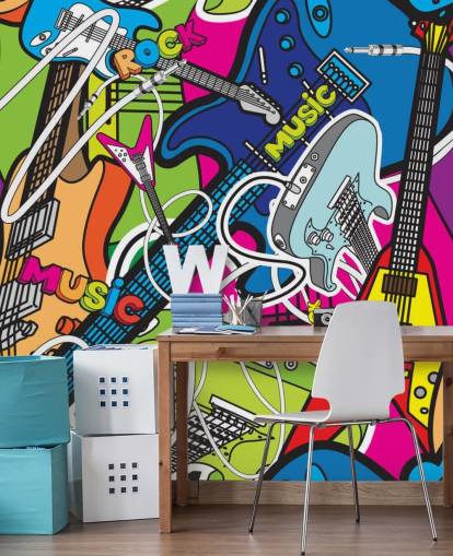 färgglad graffiti tapet väggmålning kallad Färgglad musik för skolor och barns sovrum