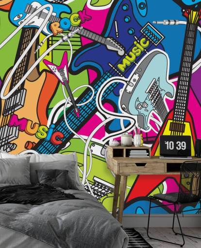 carta da parati murale con graffiti colorati chiamata Colourful Music per scuole e camerette per bambini carta da parati murale con graffiti colorati chiamata Colourful Music per scuole e camerette per bambini