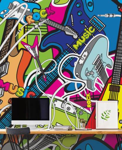 mural de papel pintado de graffiti colorido llamado Colourful Music para escuelas y dormitorios de niños