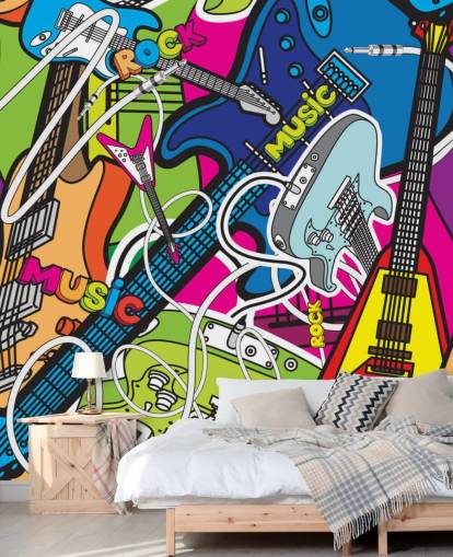 colourful graffiti wallpaper mural called Colourful Music for schools and children's bedrooms