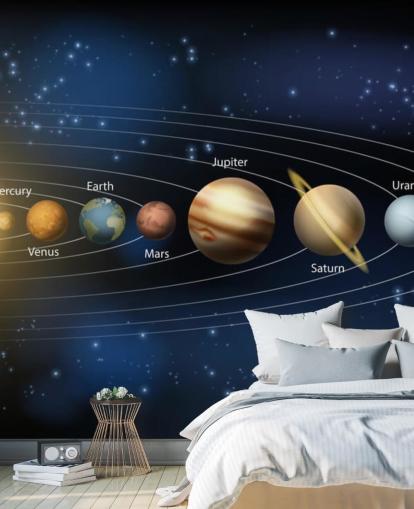 dark solar system wallpaper mural called Sun and Planets of the Solar System at Wallsauce for schools 