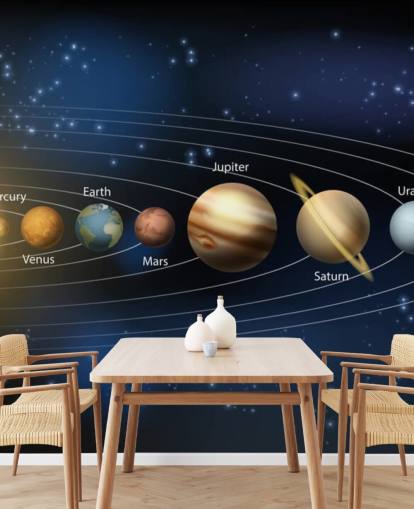 mural de papel pintado oscuro del sistema solar llamado Sol y planetas del sistema solar en Wallsauce para escuelas 