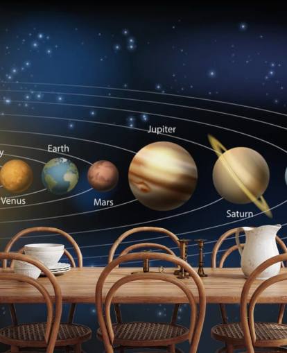 murale di carta da parati scuro del sistema solare chiamato Sun and Planets of the Solar System a Wallsauce per le scuole 