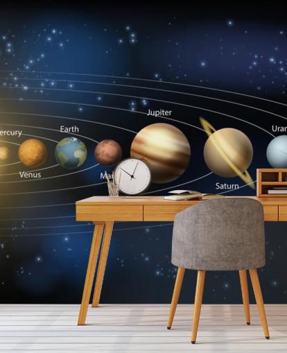 dark solar system wallpaper mural called Sun and Planets of the Solar System at Wallsauce for schools 