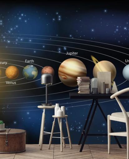 mørkt solsystem tapetmaleri kalt Sun and Planets of the Solar System på Wallsauce for skoler 