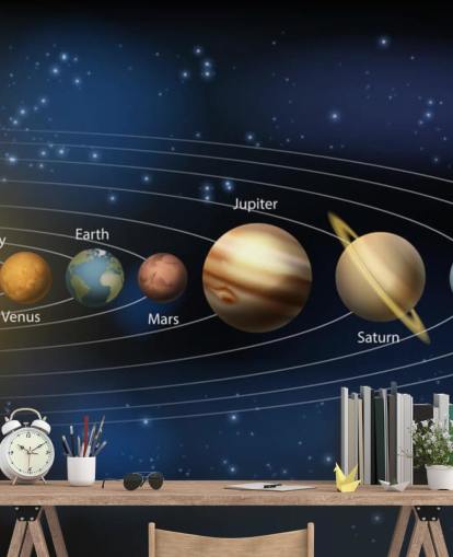 papier peint mural sombre du système solaire intitulé Soleil et planètes du système solaire à Wallsauce pour les écoles 
