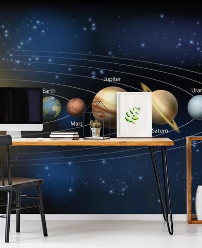 murale di carta da parati scuro del sistema solare chiamato Sun and Planets of the Solar System a Wallsauce per le scuole 