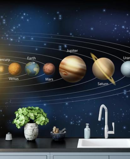 mural de papel pintado oscuro del sistema solar llamado Sol y planetas del sistema solar en Wallsauce para escuelas 