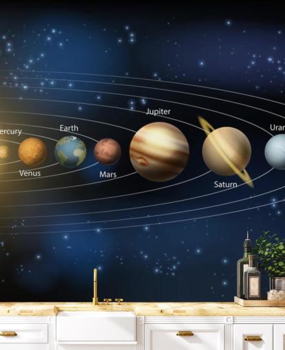 mural de papel pintado oscuro del sistema solar llamado Sol y planetas del sistema solar en Wallsauce para escuelas mural de papel pintado oscuro del sistema solar llamado Sol y planetas del sistema solar en Wallsauce para escuelas