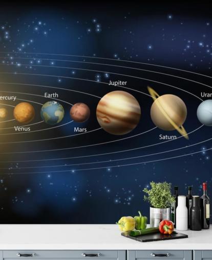 dunkles Sonnensystem-Tapeten-Wandbild mit dem Titel Sonne und Planeten des Sonnensystems in Wallsauce für Schulen 