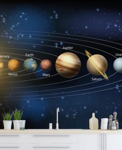 murale di carta da parati scuro del sistema solare chiamato Sun and Planets of the Solar System a Wallsauce per le scuole 