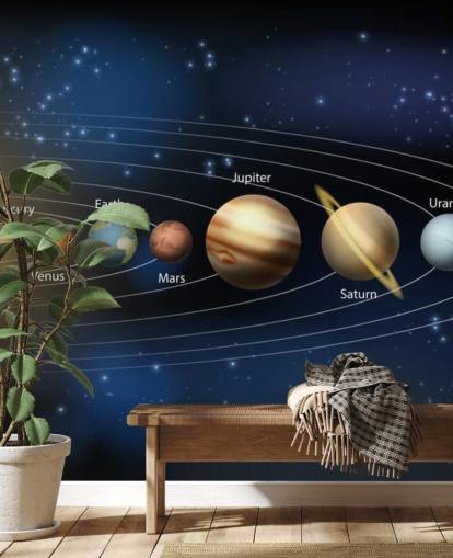 dark solar system wallpaper mural called Sun and Planets of the Solar System at Wallsauce for schools 