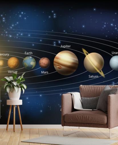 mörkt solsystem tapetväggmålning som heter Sun and Planets of the Solar System på Wallsauce för skolor 