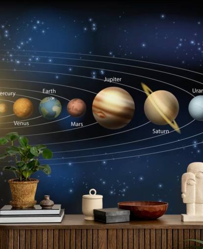 mural de papel pintado oscuro del sistema solar llamado Sol y planetas del sistema solar en Wallsauce para escuelas 