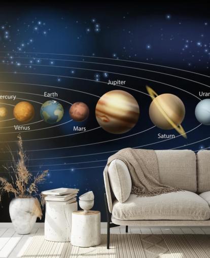 dark solar system wallpaper mural called Sun and Planets of the Solar System at Wallsauce for schools 