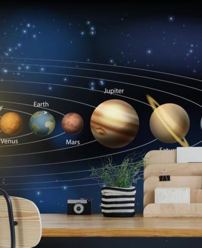 mural de papel pintado oscuro del sistema solar llamado Sol y planetas del sistema solar en Wallsauce para escuelas 