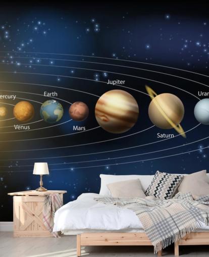 dark solar system wallpaper mural called Sun and Planets of the Solar System at Wallsauce for schools 