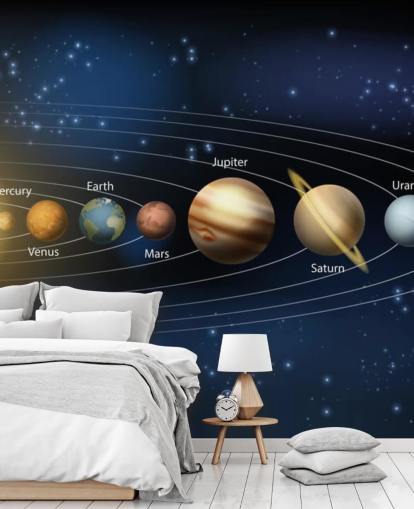 dark solar system wallpaper mural called Sun and Planets of the Solar System at Wallsauce for schools 