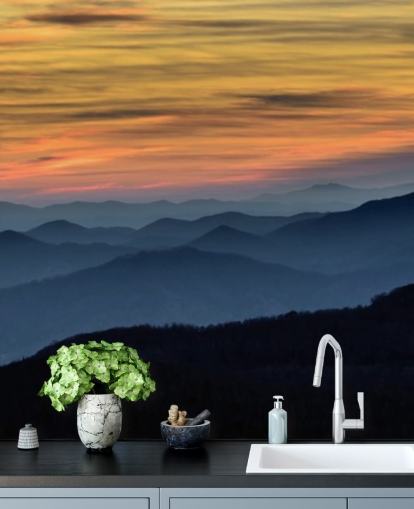 mural de papel pintado de montaña al atardecer llamado Layers of the Blue Ridge Mountains para salas de estar, oficinas en casa y dormitorios