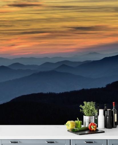 solnedgangsfjell tapetmaleri kalt Layers of the Blue Ridge Mountains for stuer, hjemmekontorer og soverom