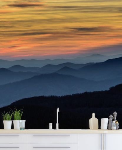carta da parati murale Sunset Mountain chiamata Layers of the Blue Ridge Mountains per salotti, uffici domestici e camere da letto
