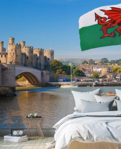 welsh castle wallpaper mural called Conwy Castle and Welsh Flag for homes, offices and businesses
