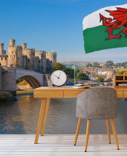 welsh castle wallpaper mural called Conwy Castle and Welsh Flag for homes, offices and businesses