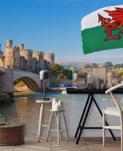 welsh castle wallpaper mural called Conwy Castle and Welsh Flag for homes, offices and businesses