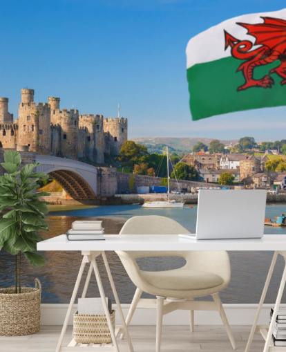 welsh castle wallpaper mural called Conwy Castle and Welsh Flag for homes, offices and businesses