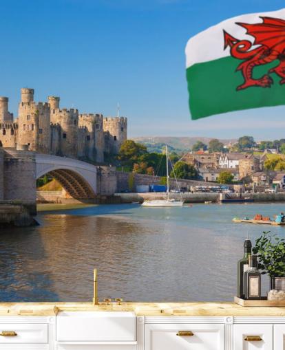 welsh castle wallpaper mural called Conwy Castle and Welsh Flag for homes, offices and businesses