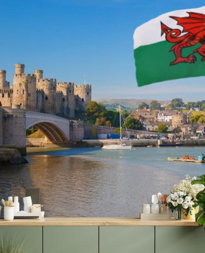 welsh castle wallpaper mural called Conwy Castle and Welsh Flag for homes, offices and businesses