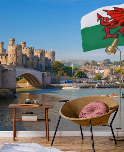 welsh castle wallpaper mural called Conwy Castle and Welsh Flag for homes, offices and businesses