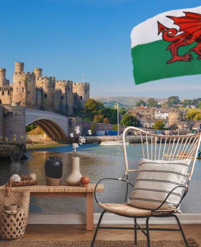 mural de papel pintado de un castillo galés llamado Castillo de Conwy y bandera de Gales para hogares, oficinas y negocios