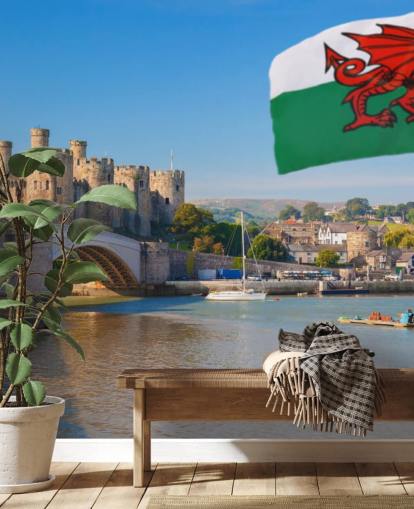 mural de papel pintado de un castillo galés llamado Castillo de Conwy y bandera de Gales para hogares, oficinas y negocios