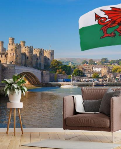 mural de papel pintado de un castillo galés llamado Castillo de Conwy y bandera de Gales para hogares, oficinas y negocios