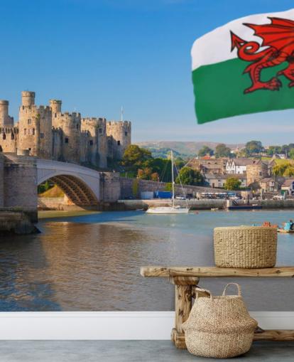 mural de papel pintado de un castillo galés llamado Castillo de Conwy y bandera de Gales para hogares, oficinas y negocios