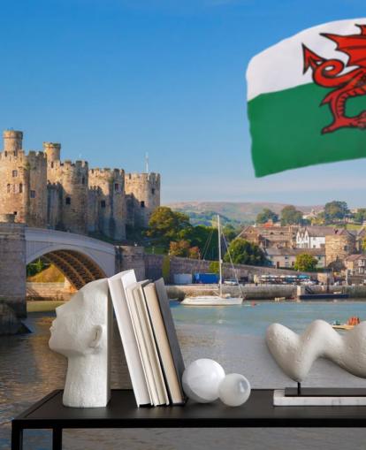 welsh castle wallpaper mural called Conwy Castle and Welsh Flag for homes, offices and businesses