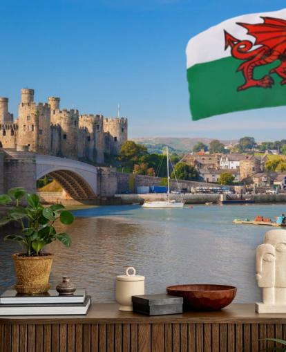 walisisk slot tapetmaleri kaldet Conwy Castle og Welsh Flag til hjem, kontorer og virksomheder