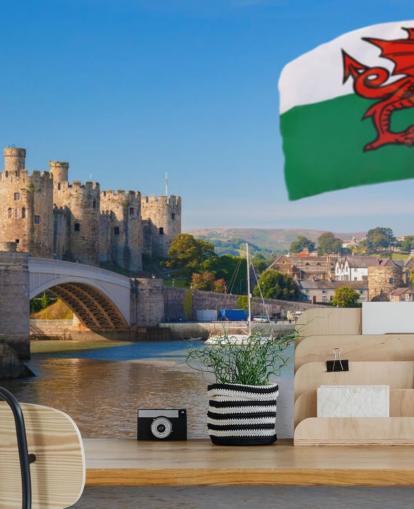 papier peint mural d'un château gallois appelé Château de Conwy et drapeau gallois pour les maisons, les bureaux et les entreprises