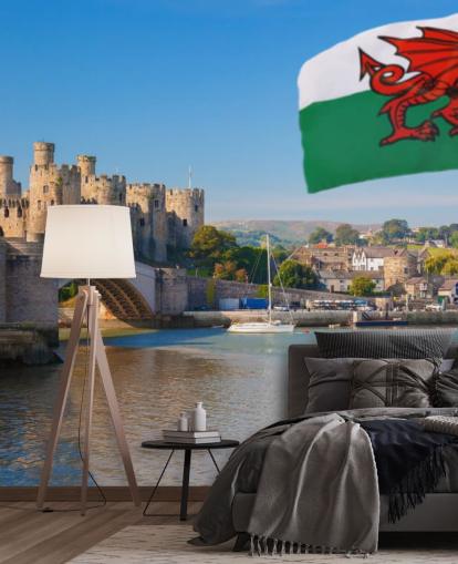 papier peint mural d'un château gallois appelé Château de Conwy et drapeau gallois pour les maisons, les bureaux et les entreprises