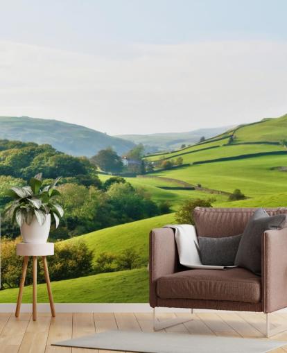 behangmuurschildering op het groene platteland genaamd Hills and Valleys voor slaapkamers, woonkamers en eetkamers behangmuurschildering op het groene platteland genaamd Hills and Valleys voor slaapkamers, woonkamers en eetkamers
